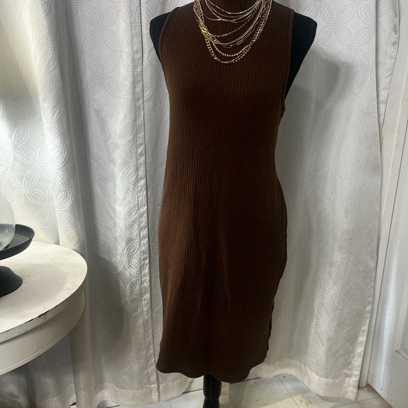 Brown Ribbed Mock-neck Sweater Dress - Picture 2 of 3